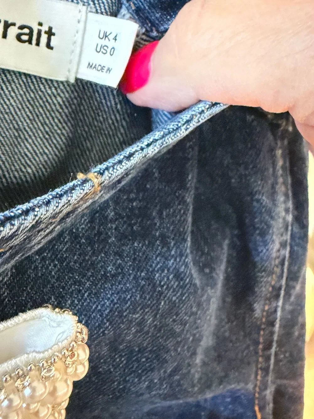 Self-Portrait Dark Blue Denim Dress with Pearl Bow Closures - Picture 4 of 4